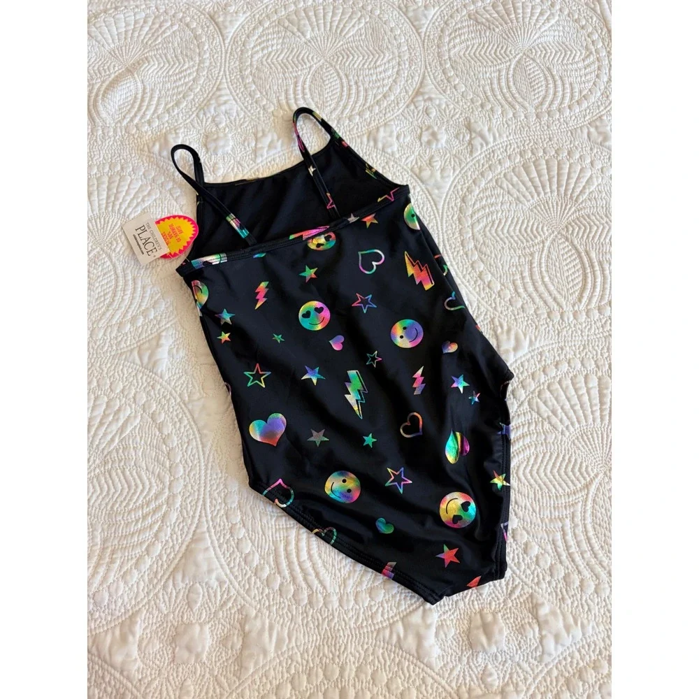 *NWT* Children's Place Girls' One-Piece Swimsuit Size 5/6 Black Shimmer Emoji